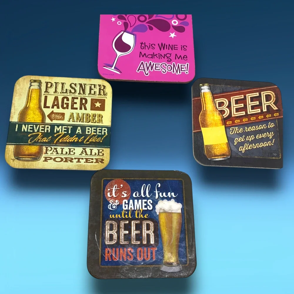 Lot of 9 Funny Wine & Beer Drinking Coasters Cork Backed Alcohol Humorous Jokes